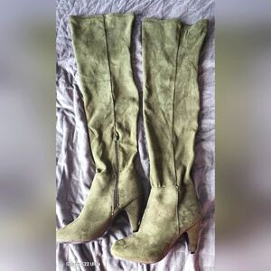 Over the Knee Olive Green Suede Boots for Women